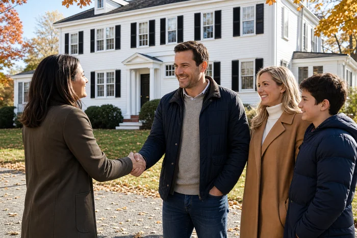 Family and agent celebrating sold home