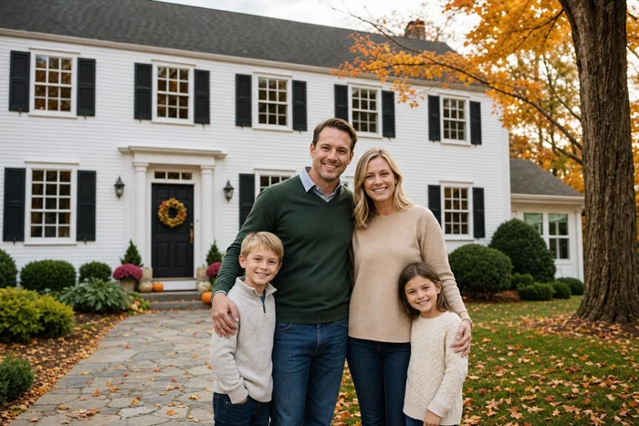 Happy family outside their home
