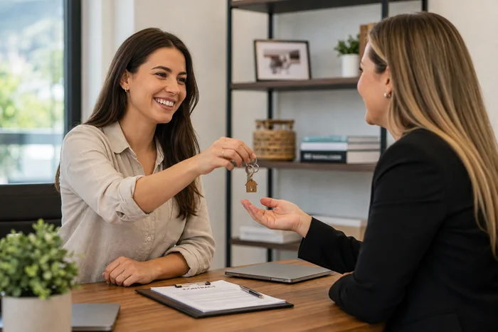 Woman handing over house keys at closing