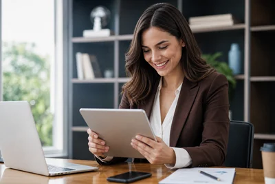 Woman reviewing cash offer on tablet