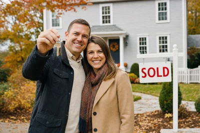 Happy couple celebrating sold home